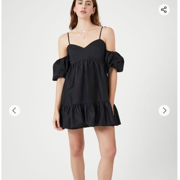 Forever 21 Poplin Off-the-Shoulder Black Mini Dress NWT S - Picture 1 of 7